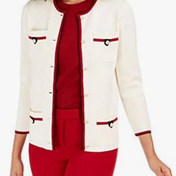 Anne Klein Ivory Knit Red Trim 4 Pockets Cardigan Embossed Gold Anchor Button XL - Picture 4 of 17